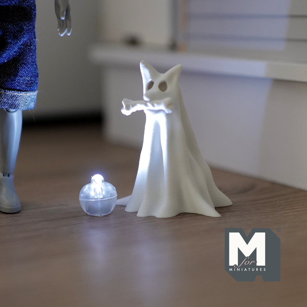1:12 Scale Miniature Draped Ghost Dog with Bone and Micro LED Lights, 2-3/16 inch tall, DIY Dollhouse Supply (white)