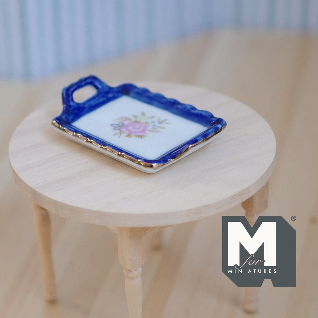 1:12 Scale Miniature Ceramic Serving Tray with Handles, Blue Rim, Floral Center, 2-3/8 inch long, DIY Dollhouse Supply