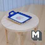 1:12 Scale Miniature Ceramic Serving Tray with Handles, Blue Rim, Floral Center, 2-3/8 inch long, DIY Dollhouse Supply