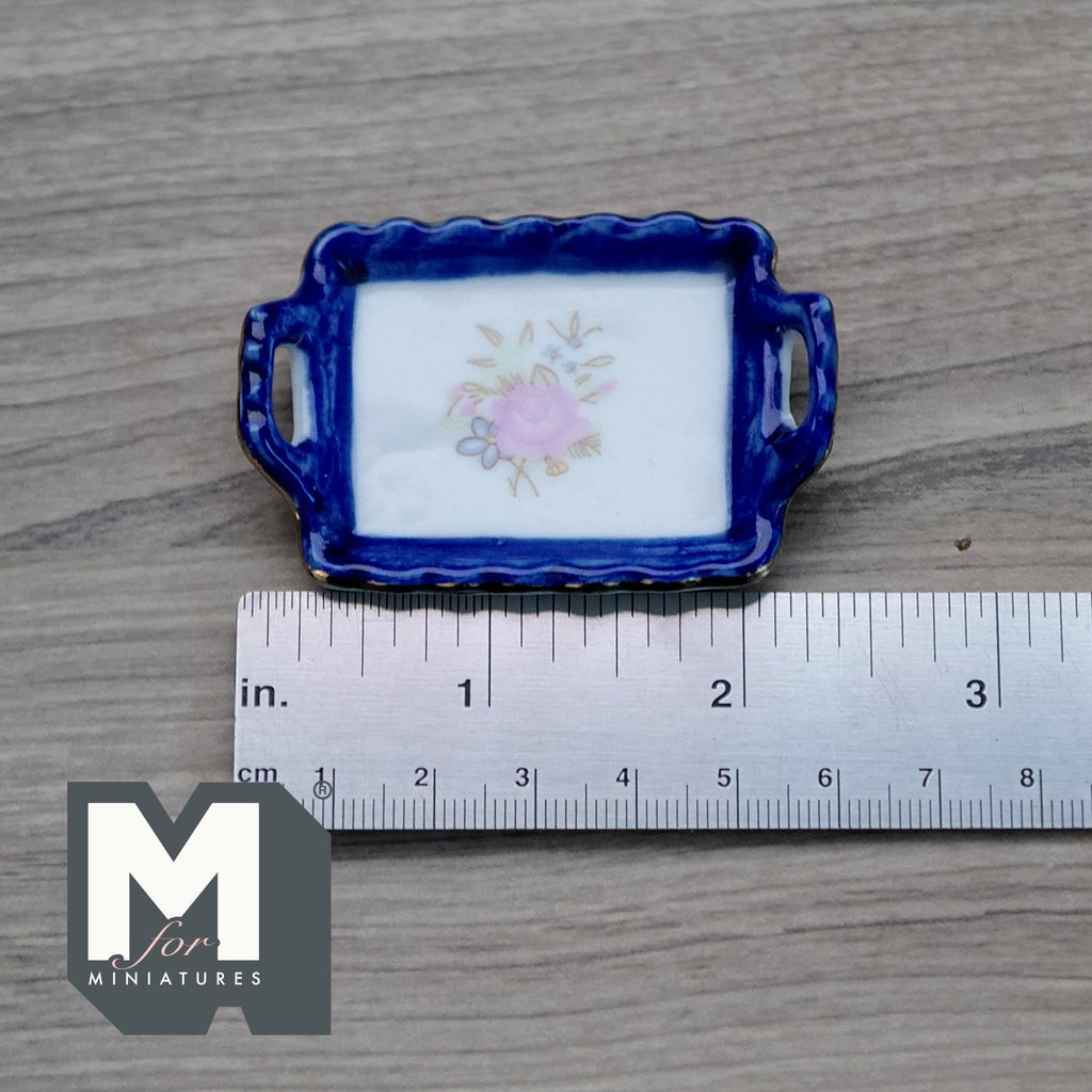 1:12 Scale Miniature Ceramic Serving Tray with Handles, Blue Rim, Floral Center, 2-3/8 inch long, DIY Dollhouse Supply