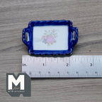 1:12 Scale Miniature Ceramic Serving Tray with Handles, Blue Rim, Floral Center, 2-3/8 inch long, DIY Dollhouse Supply