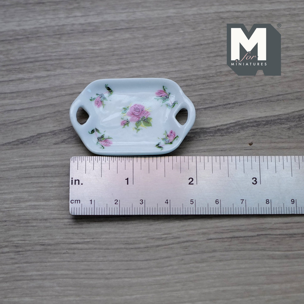 Plateau de service octogonal miniature en céramique à l'échelle 1:12, motif rose, 5 cm de long, accessoire pour maison de poupée DIY