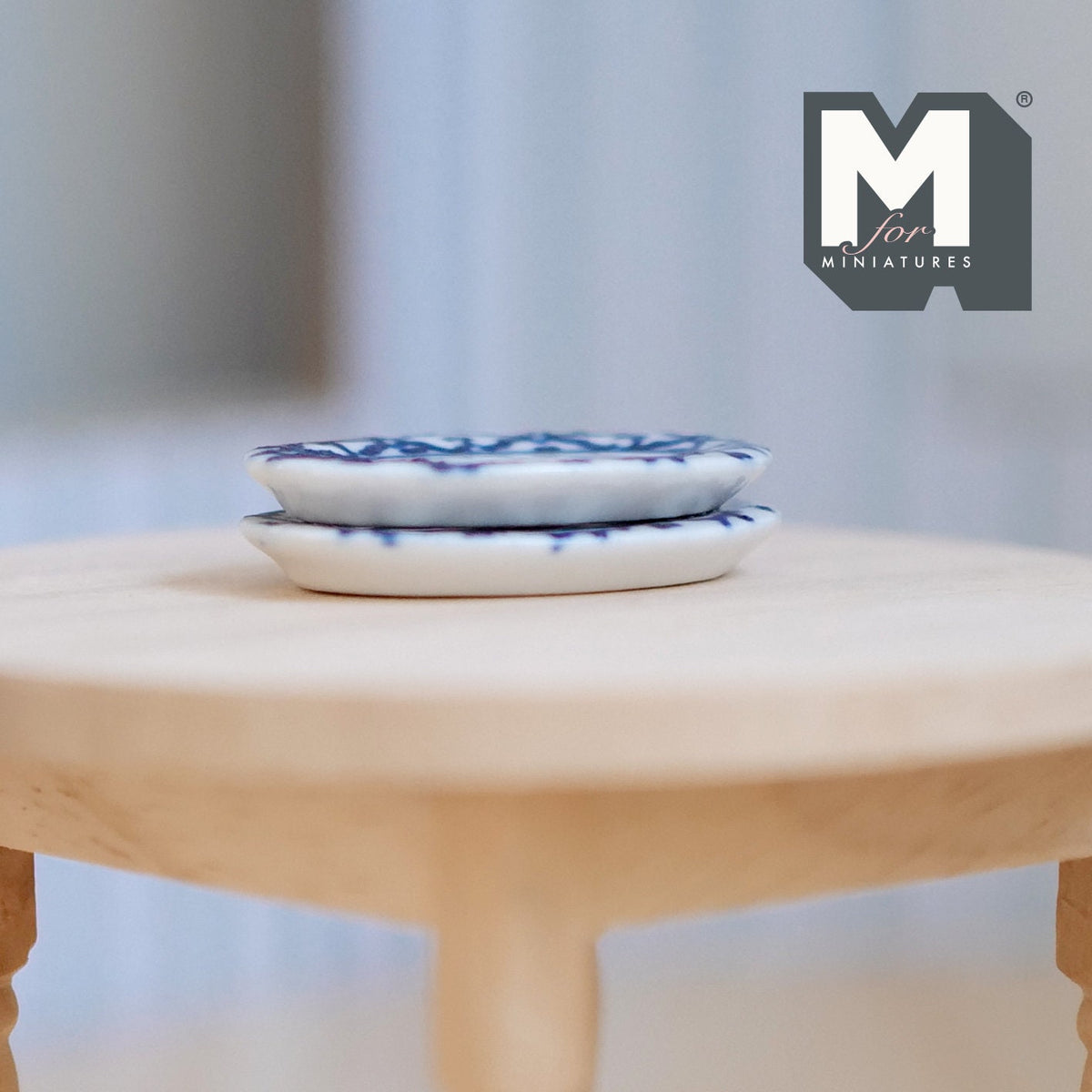 1:12 Scale Miniature Ceramic Oval Plates, Blue Rim Pattern, Set of 2, 1-1/2 inch long, DIY Dollhouse Supply