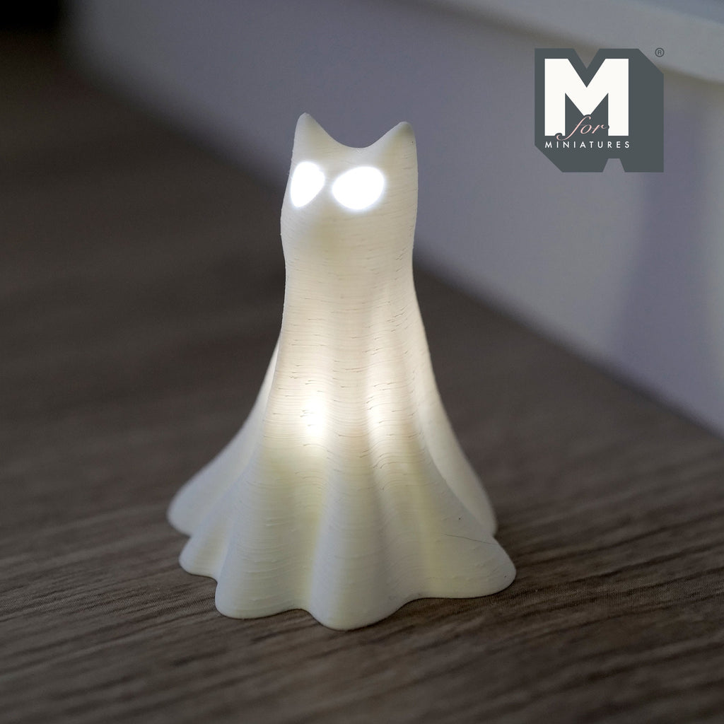 1:12 Scale Miniature Draped Ghost Cat, Standing, with 2 Micro LED Lights, 1-13/16 inch tall, DIY Dollhouse Supply (white)