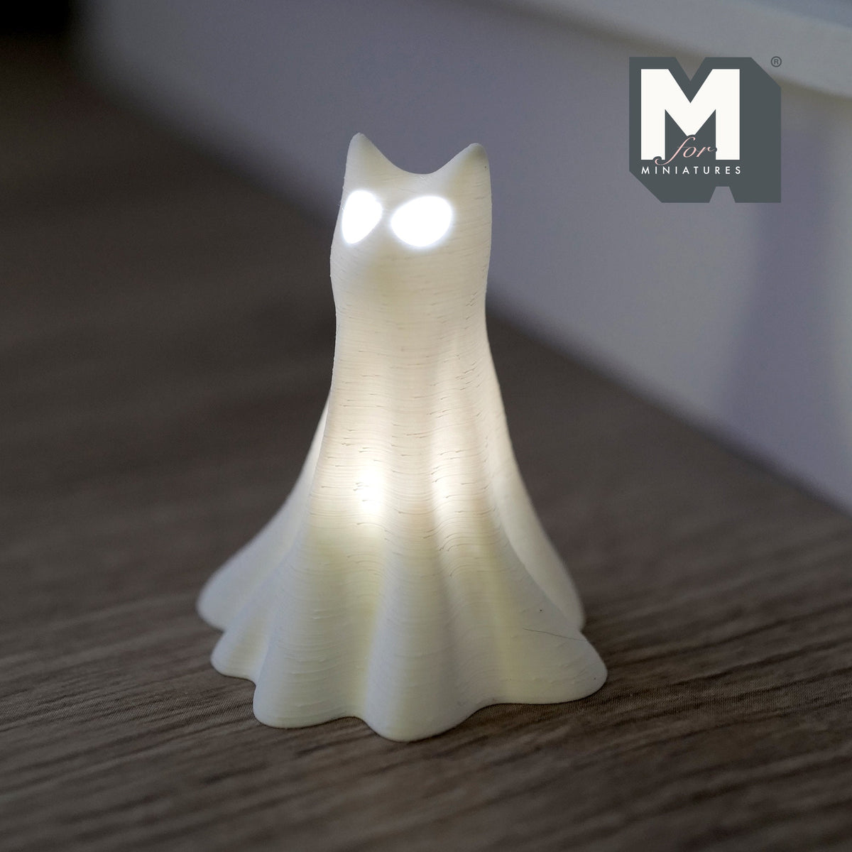 1:12 Scale Miniature Draped Ghost Cat, Standing, with 2 Micro LED Lights, 1-13/16 inch tall, DIY Dollhouse Supply (white)