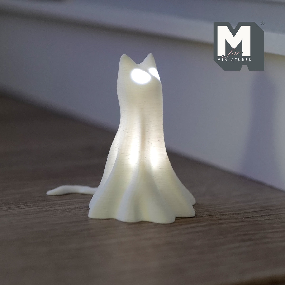1:12 Scale Miniature Draped Ghost Cat, Standing, with 2 Micro LED Lights, 1-13/16 inch tall, DIY Dollhouse Supply (white)