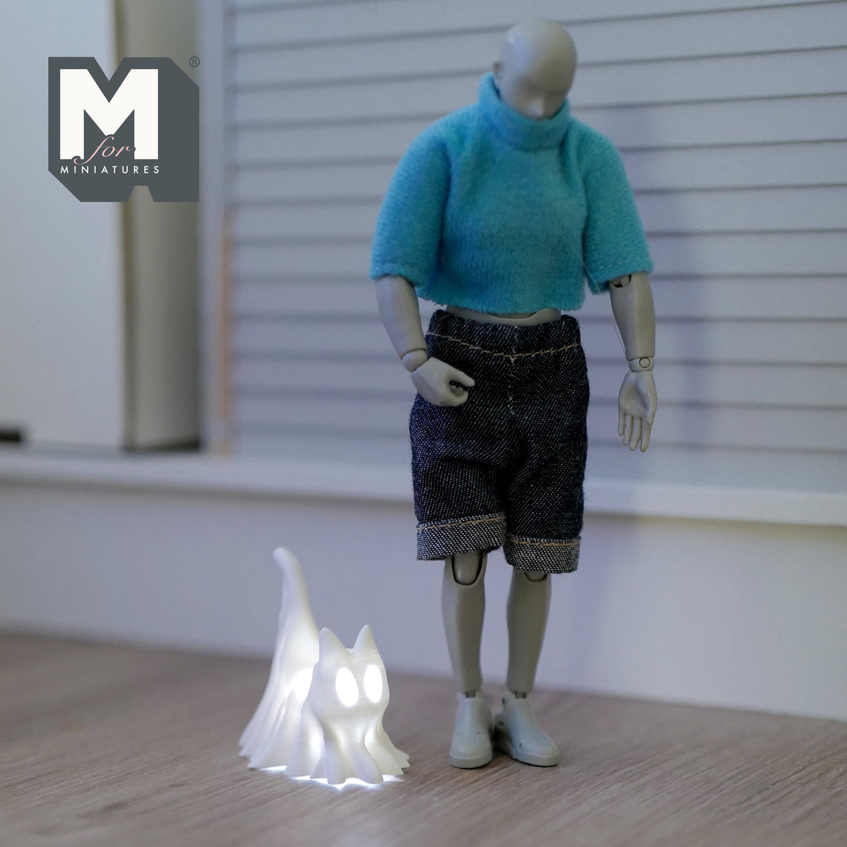 1:12 Scale Miniature Draped Ghost Cat, Halloween Decor, with Micro LED Lights, 1-5/8 inch tall, DIY Dollhouse Supply (white)