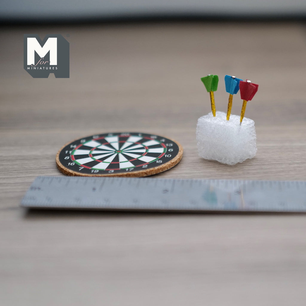 1:12 Scale Miniature Dartboard with Darts, Set of 4, 1-3/4 inch dia., DIY Dollhouse Supply