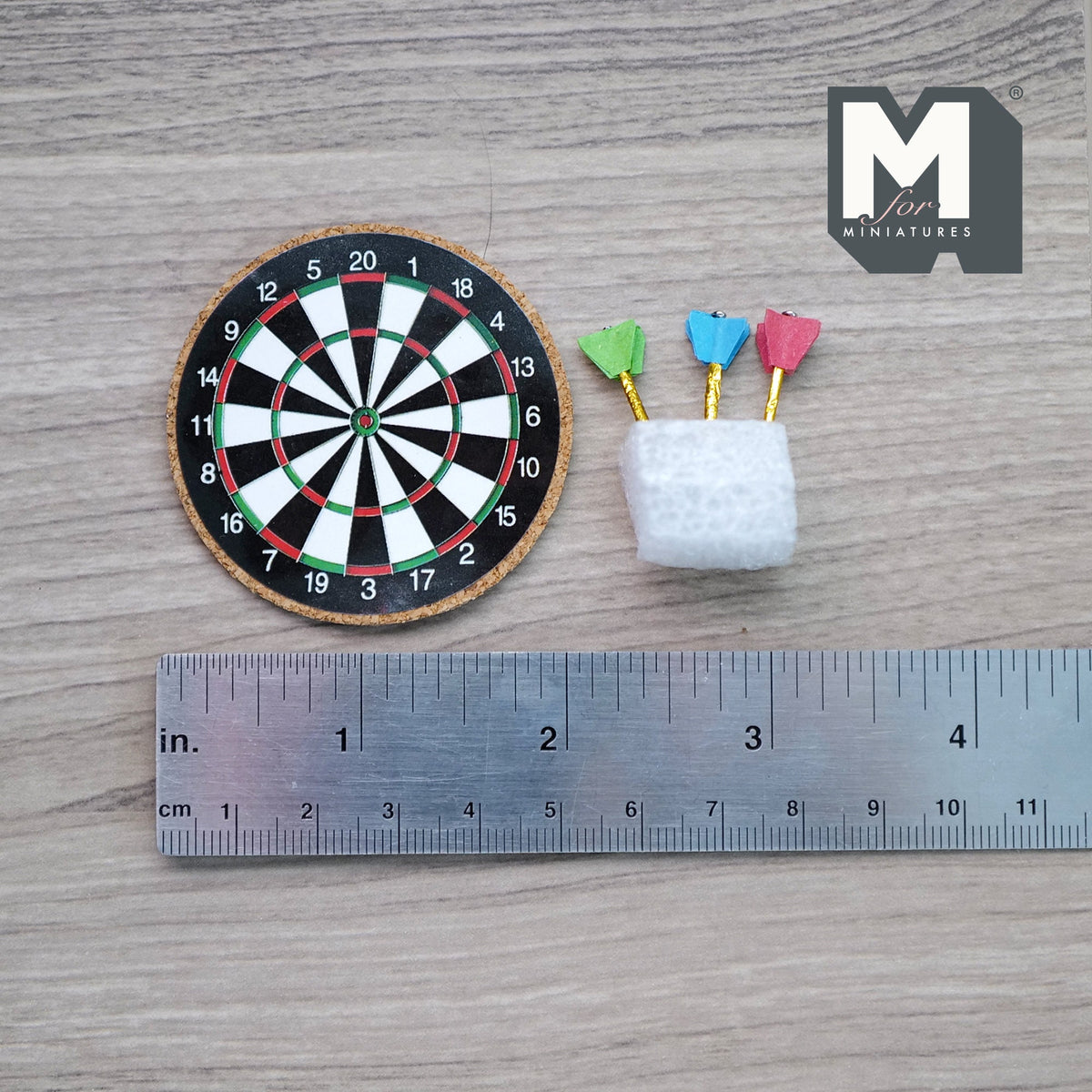 1:12 Scale Miniature Dartboard with Darts, Set of 4, 1-3/4 inch dia., DIY Dollhouse Supply