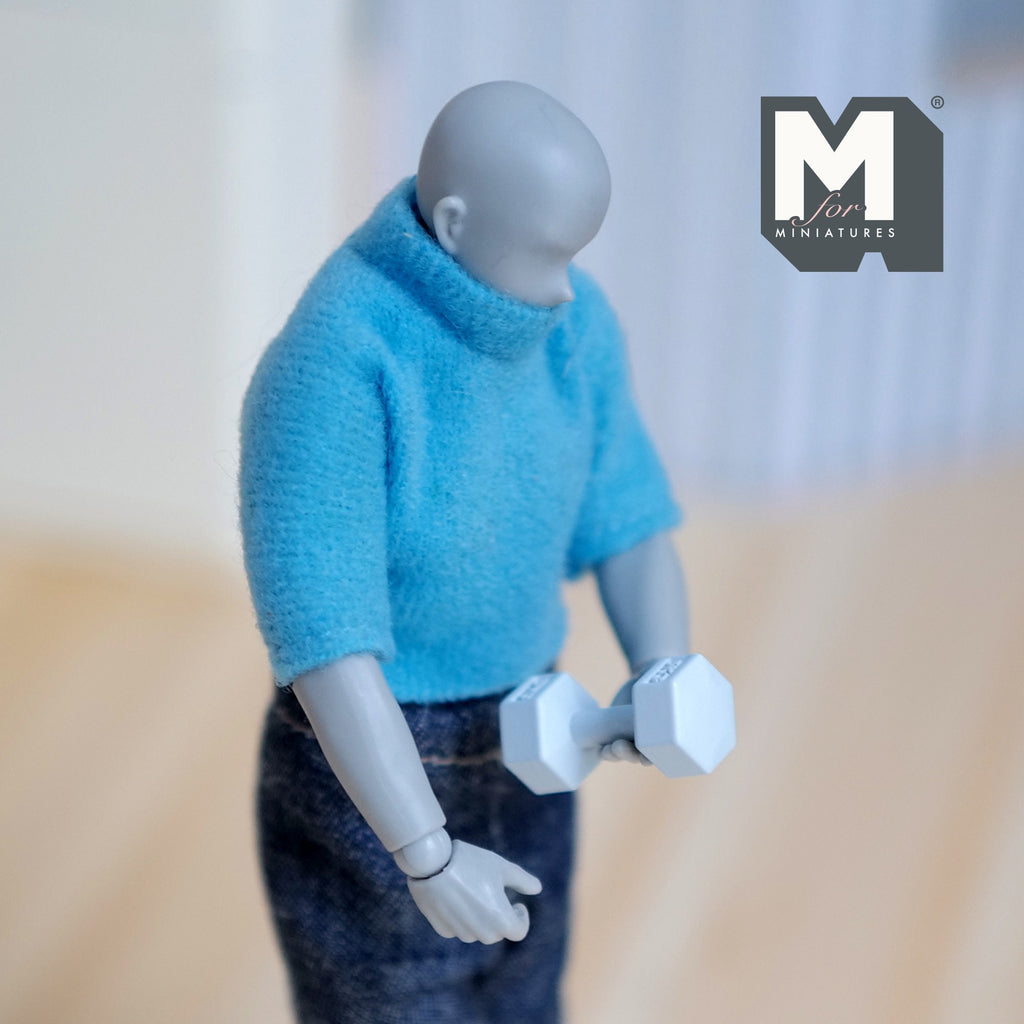 1:12 Scale Miniature Hexagon Dumbbells, Set of 3, 13/16 inch long, DIY Dollhouse Supply (metal) (light blue)