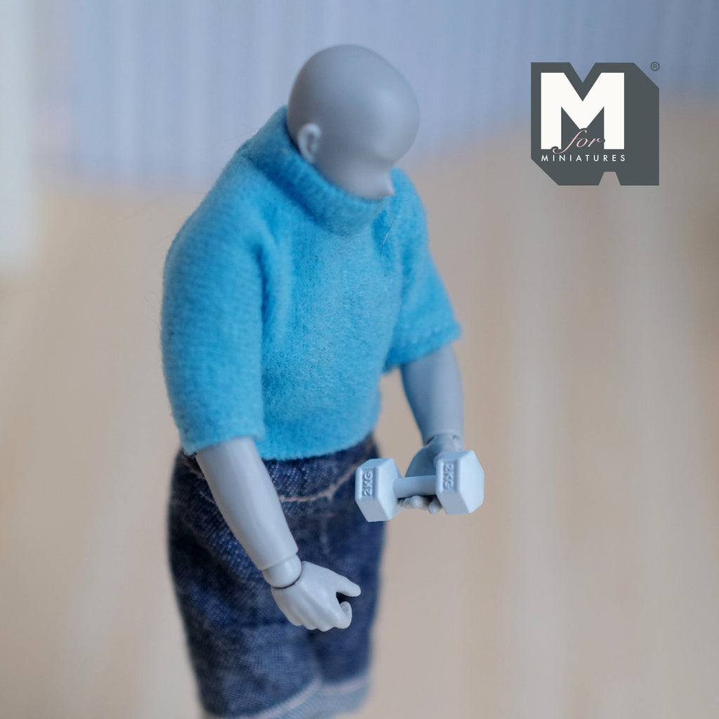 1:12 Scale Miniature Hexagon Dumbbells, Set of 3, 13/16 inch long, DIY Dollhouse Supply (metal) (light blue)
