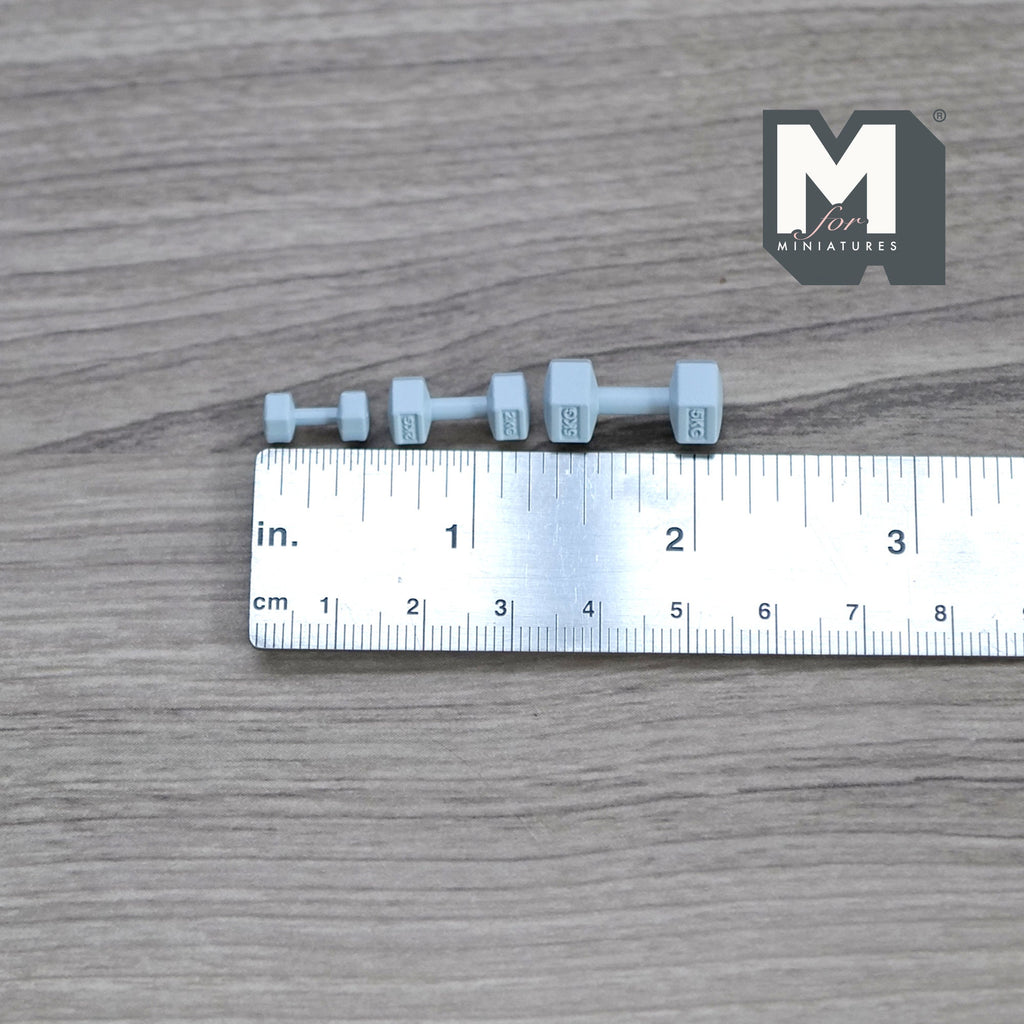 1:12 Scale Miniature Hexagon Dumbbells, Set of 3, 13/16 inch long, DIY Dollhouse Supply (metal) (light blue)