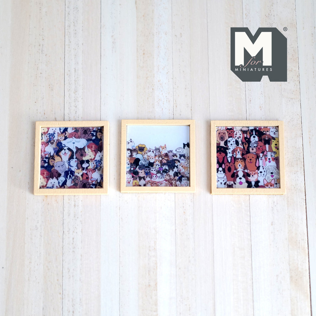 1:12 Scale Miniature Wood Framed Cat and Dog Wall Art, Set of 3, 1-5/16 inch square, DIY Dollhouse Supply