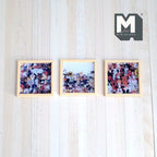 1:12 scale miniature wood framed cat and dog wall art, set of 3 square prints, shown in a row on a pale wood wall