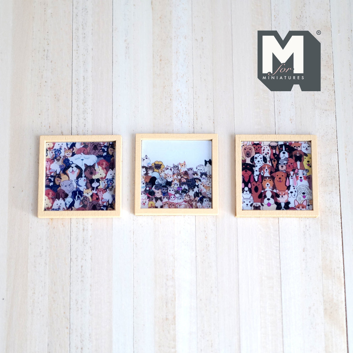 1:12 Scale Miniature Wood Framed Cat and Dog Wall Art, Set of 3, 1-5/16 inch square, DIY Dollhouse Supply