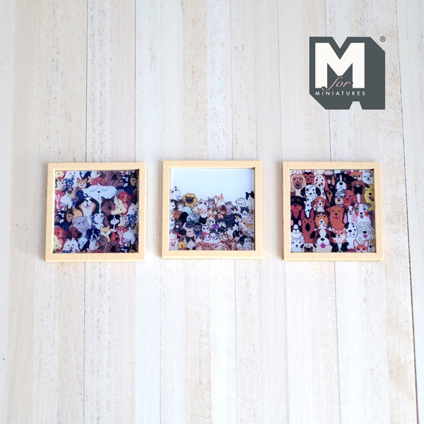 Miniature Cats and Dogs Wall Art Wood Framed Square Portrait Set of 3 - F056