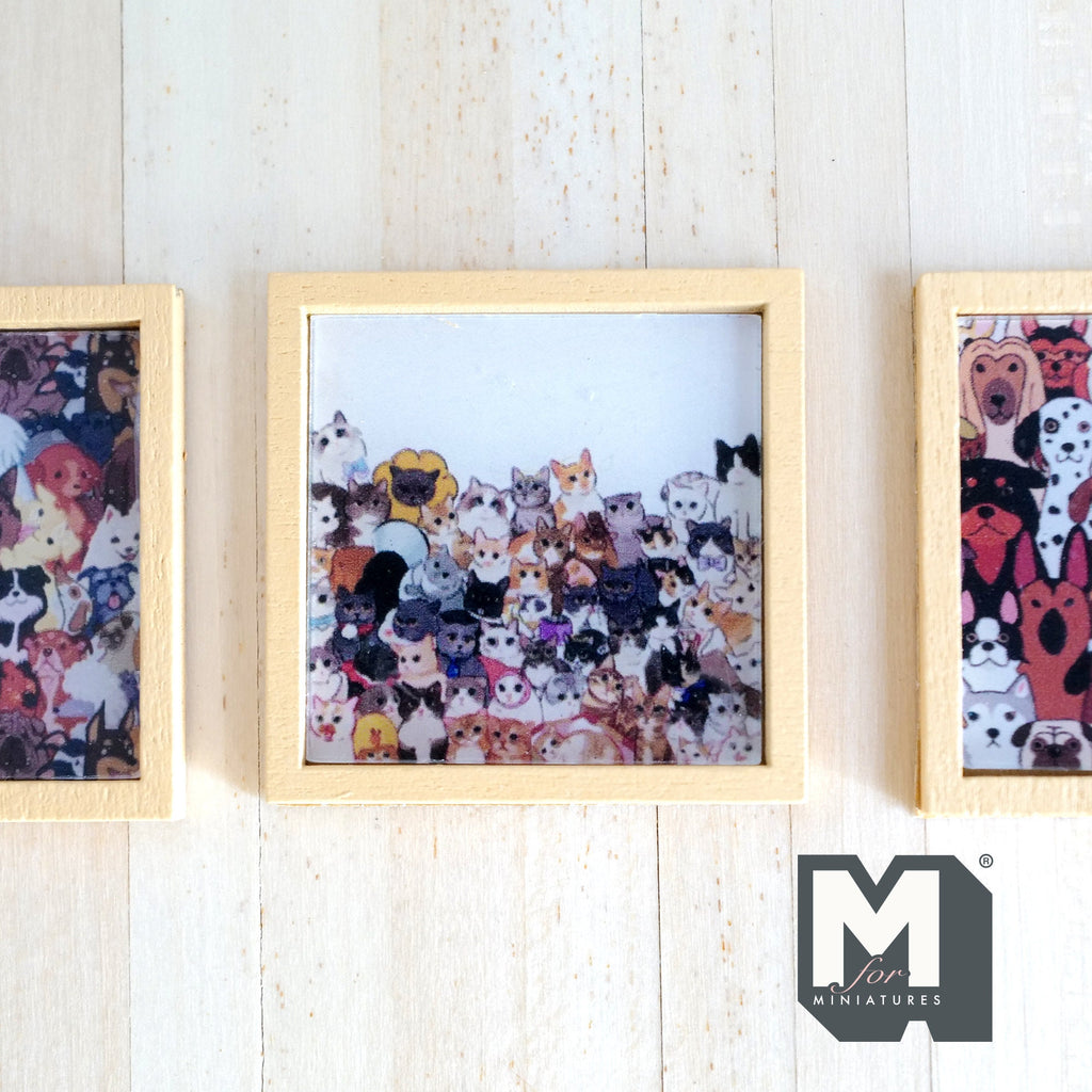 1:12 Scale Miniature Wood Framed Cat and Dog Wall Art, Set of 3, 1-5/16 inch square, DIY Dollhouse Supply