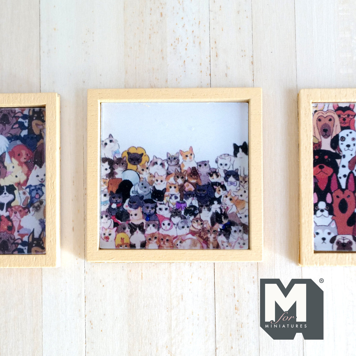 1:12 Scale Miniature Wood Framed Cat and Dog Wall Art, Set of 3, 1-5/16 inch square, DIY Dollhouse Supply