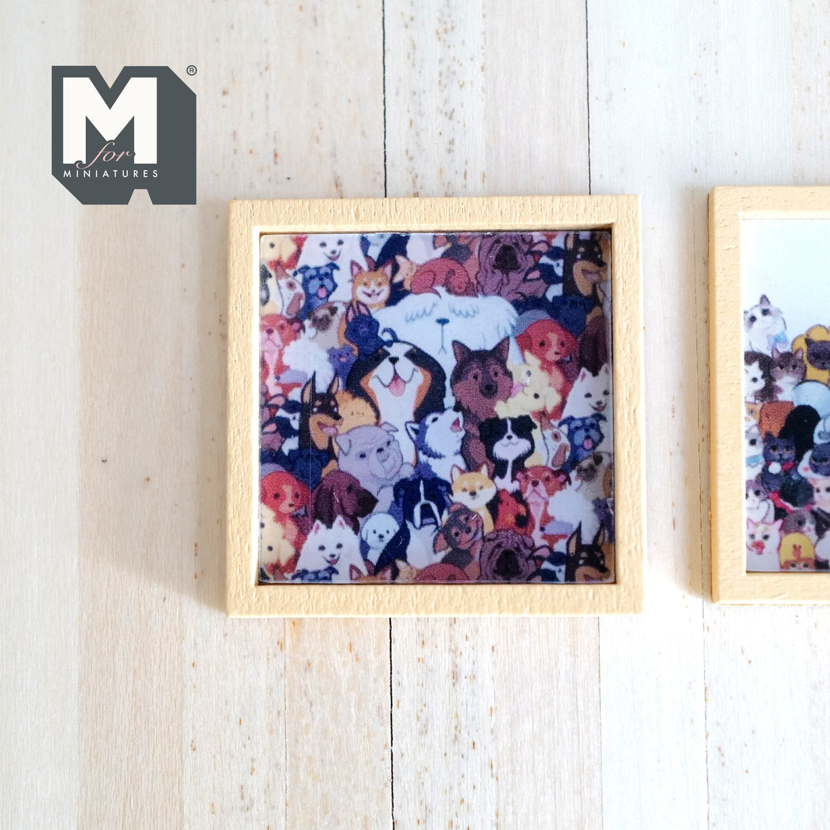 1:12 Scale Miniature Wood Framed Cat and Dog Wall Art, Set of 3, 1-5/16 inch square, DIY Dollhouse Supply