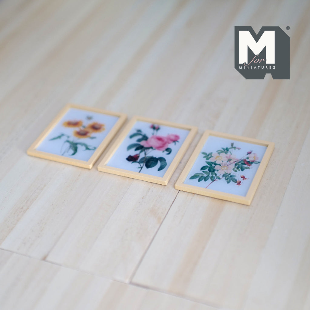 1:12 Scale Miniature Wood Framed Flower Prints, Set of 3, 1-15/16 inch tall, DIY Dollhouse Supply