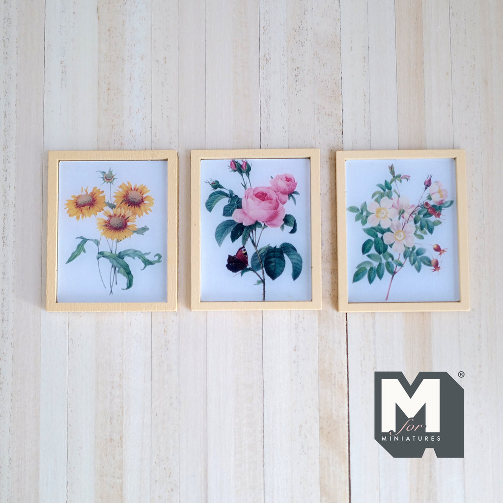 1:12 Scale Miniature Wood Framed Flower Prints, Set of 3, 1-15/16 inch tall, DIY Dollhouse Supply