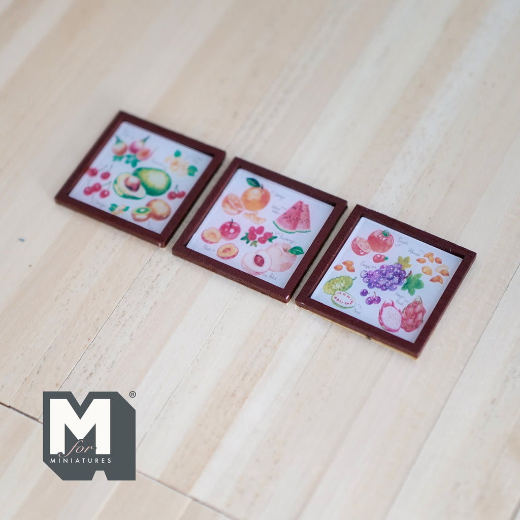 1:12 Scale Miniature Wood Framed Pit Fruit Wall Art, Set of 3, 1-5/16 inch square, DIY Dollhouse Supply