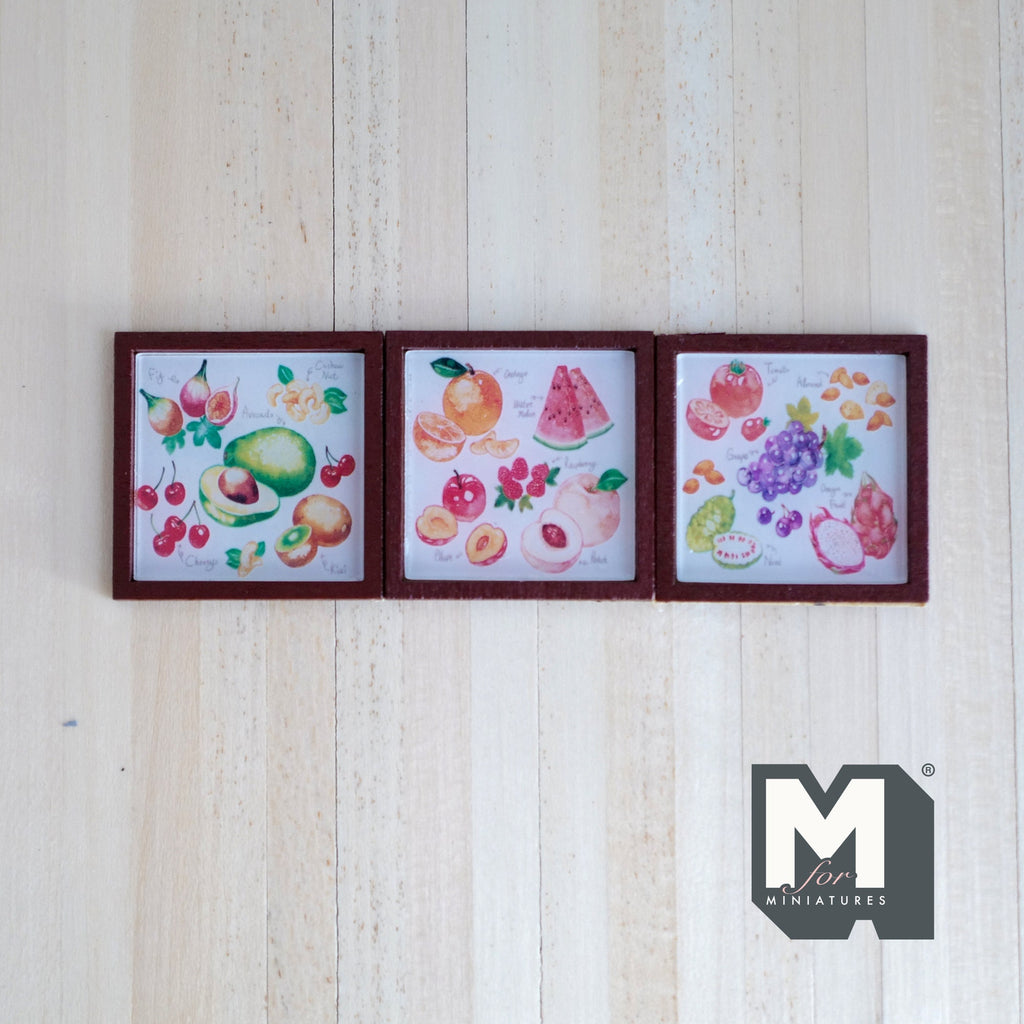 1:12 Scale Miniature Wood Framed Pit Fruit Wall Art, Set of 3, 1-5/16 inch square, DIY Dollhouse Supply