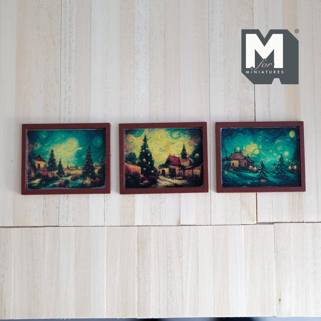 1:12 Scale Miniature Wood Framed Night Landscape Paintings, Set of 3, 1-15/16 inch wide, DIY Dollhouse Supply