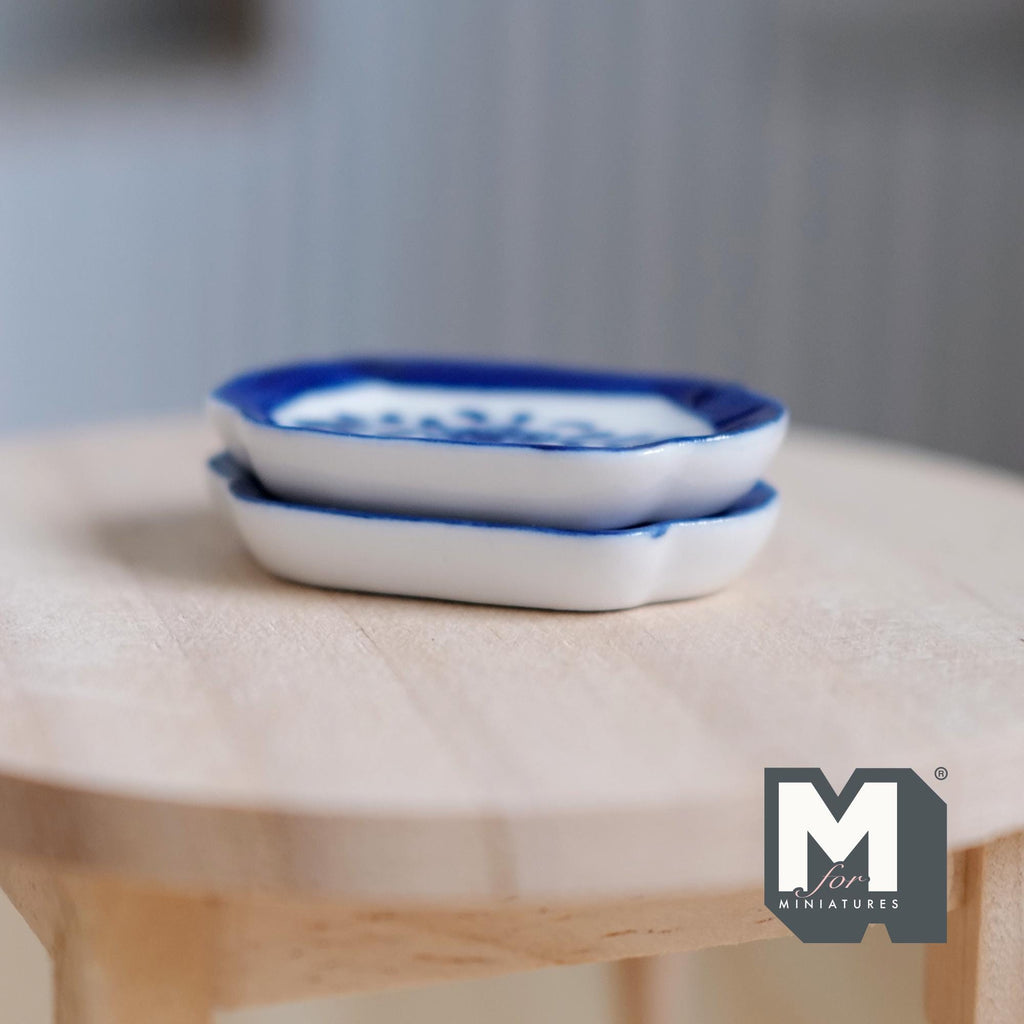 1:12 Scale Miniature Ceramic Octagonal Plates, Blue Floral Rim, Set of 2, 1-3/8 inch long, DIY Dollhouse Supply