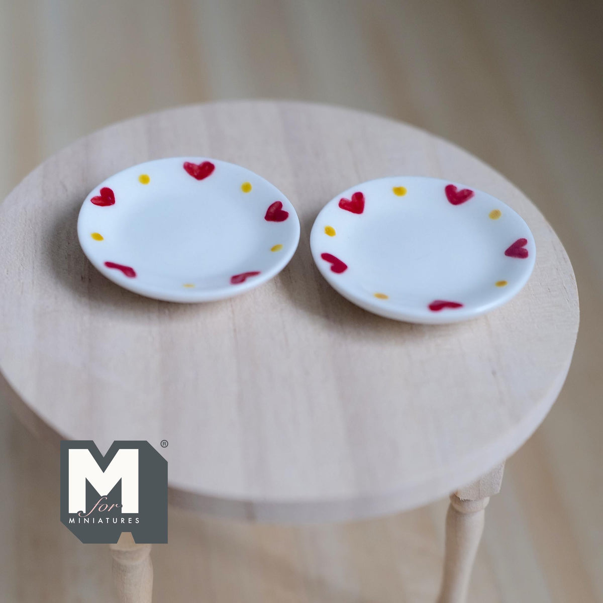 1:12 Scale Miniature Ceramic Plates with Red Heart Rim, Large, Set of 2, 1-1/4 inch dia., DIY Dollhouse Supply (white)