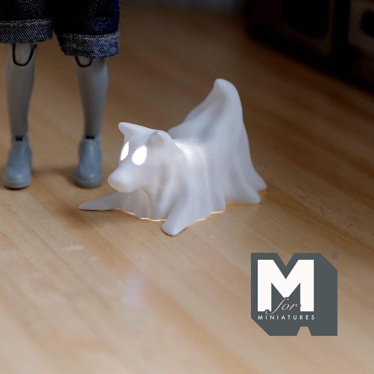 1:12 Scale Miniature Draped Ghost Dog with Micro LED Lights, Crouching, 1-3/8 inch tall, DIY Dollhouse Supply (white)