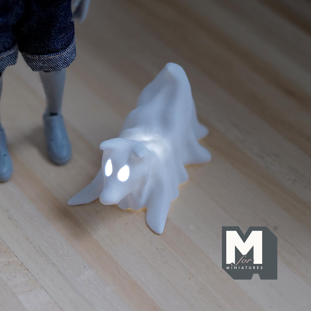 1:12 Scale Miniature Draped Ghost Dog with Micro LED Lights, Crouching, 1-3/8 inch tall, DIY Dollhouse Supply (white)