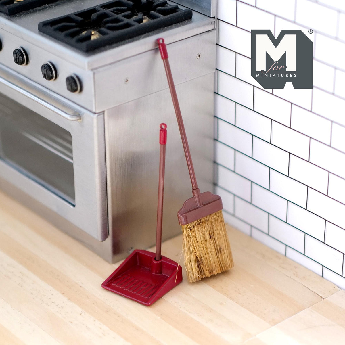 1:12 Scale Miniature Broom and Long Handle Dustpan Set, 3-3/8 inch long, DIY Dollhouse Supply (red) (metal)