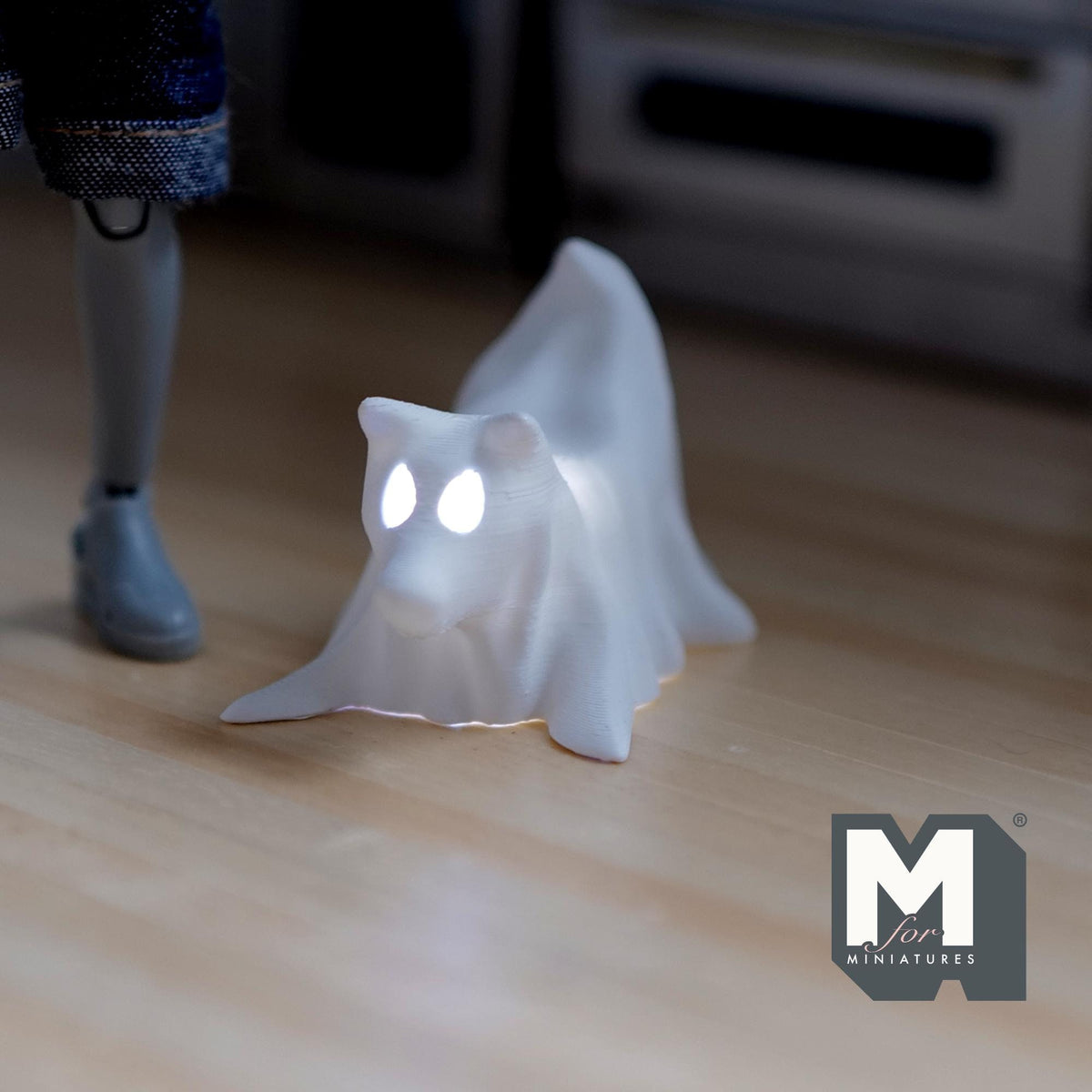 1:12 Scale Miniature Draped Ghost Dog with Micro LED Lights, Crouching, 1-3/8 inch tall, DIY Dollhouse Supply (white)