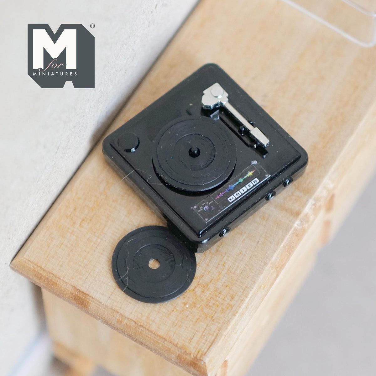 1:12 Scale Miniature Metal Turntable with Dust Cover and 2 Vinyl Records, 11/16 inch tall, DIY Dollhouse Supply (non working)