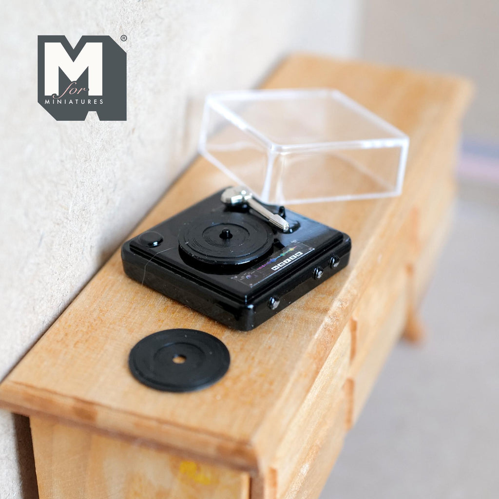 1:12 Scale Miniature Metal Turntable with Dust Cover and 2 Vinyl Records, 11/16 inch tall, DIY Dollhouse Supply (non working)