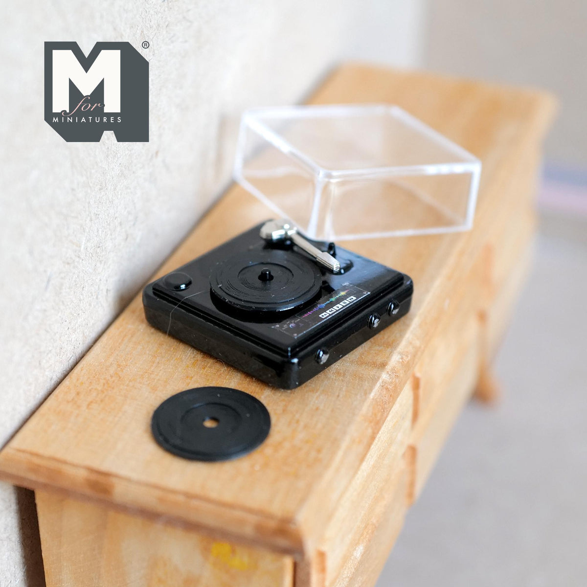1:12 Scale Miniature Metal Turntable with Dust Cover and 2 Vinyl Records, 11/16 inch tall, DIY Dollhouse Supply (non working)