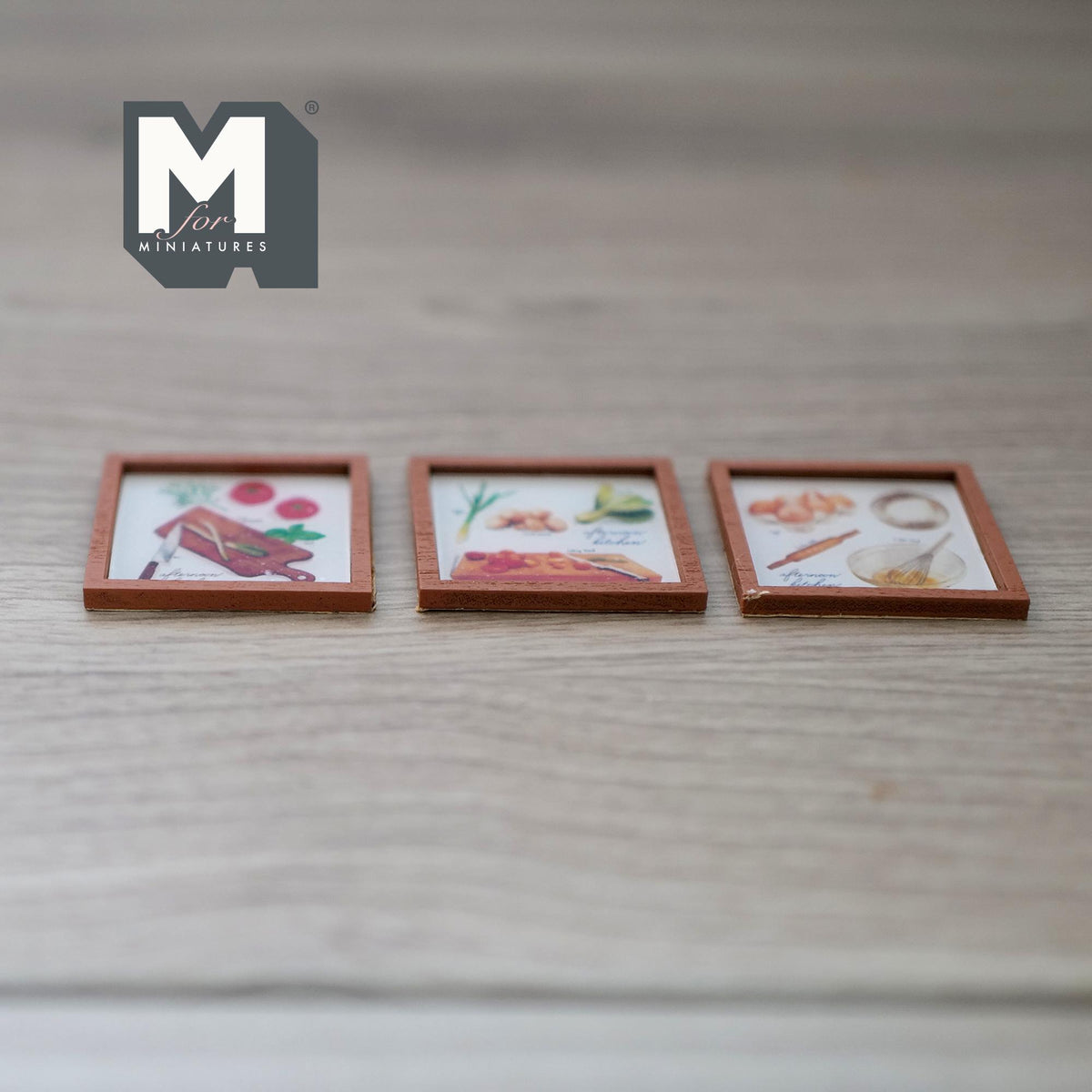 1:12 Scale Miniature Wood Framed Vegetable Prints, Set of 3, 1-5/16 inch square, DIY Dollhouse Supply