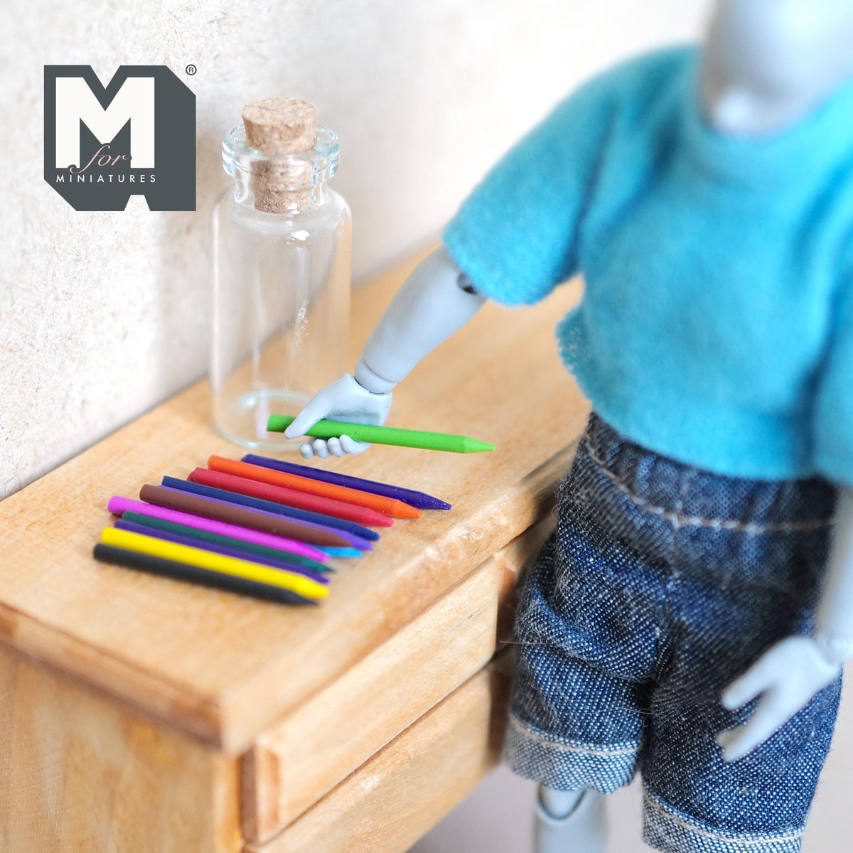1:12 Scale Miniature Wax Coloring Pens with Glass Holder, Set of 14, 1-1/16 inch long, DIY Dollhouse Supply