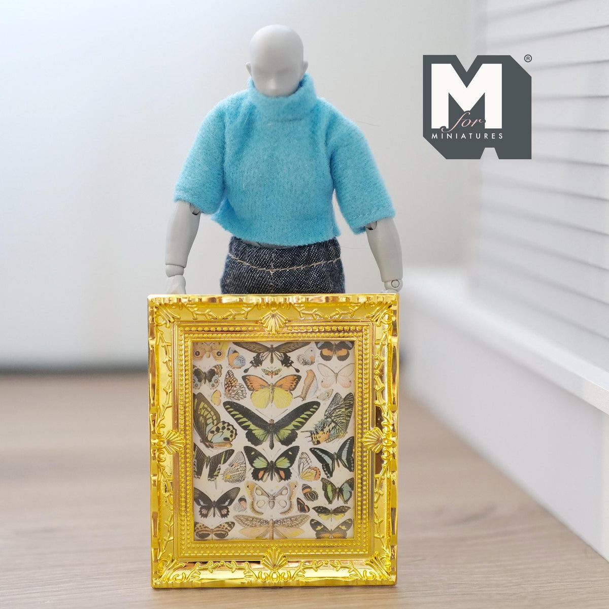 1:12 Scale Miniature Butterfly Canvas Print in Ornate Frame, 2-15/16 inch tall, DIY Dollhouse Supply (gold)