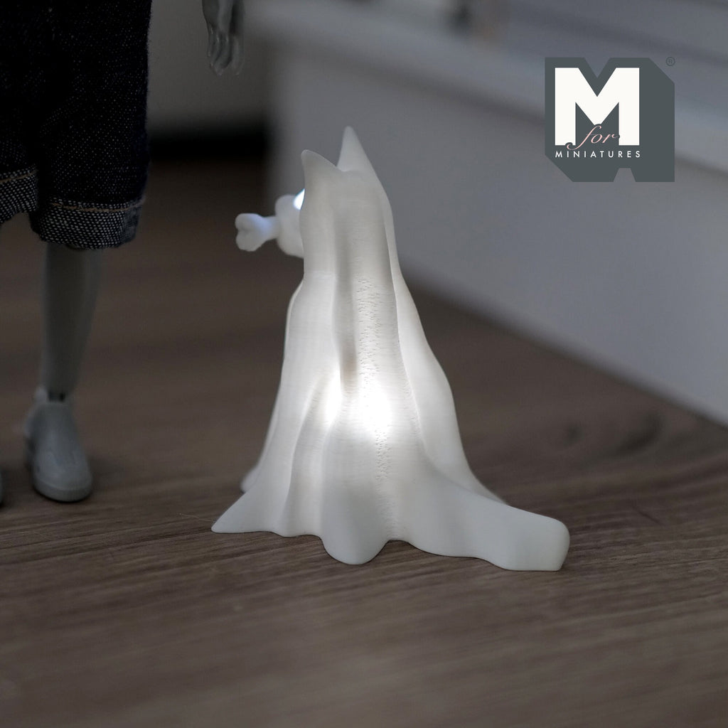 1:12 Scale Miniature Draped Ghost Dog with Bone and Micro LED Lights, 2-3/16 inch tall, DIY Dollhouse Supply (white)