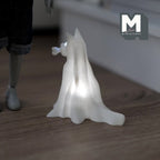 Chien fantôme miniature drapé à l'échelle 1:12 avec os et micro lumières LED, 5,6 cm de haut, accessoire pour maison de poupée DIY (blanc)