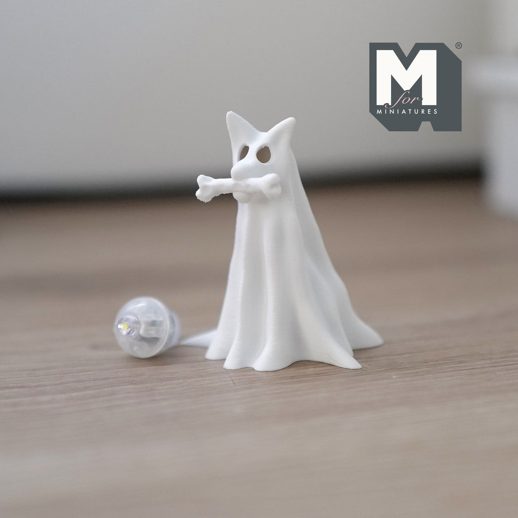 1:12 Scale Miniature Draped Ghost Dog with Bone and Micro LED Lights, 2-3/16 inch tall, DIY Dollhouse Supply (white)