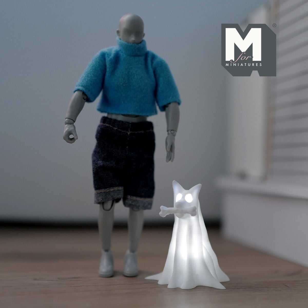 1:12 Scale Miniature Draped Ghost Dog with Bone and Micro LED Lights, 2-3/16 inch tall, DIY Dollhouse Supply (white)