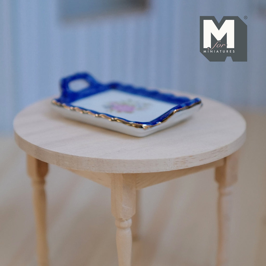 1:12 Scale Miniature Ceramic Serving Tray with Handles, Blue Rim, Floral Center, 2-3/8 inch long, DIY Dollhouse Supply