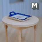 1:12 Scale Miniature Ceramic Serving Tray with Handles, Blue Rim, Floral Center, 2-3/8 inch long, DIY Dollhouse Supply