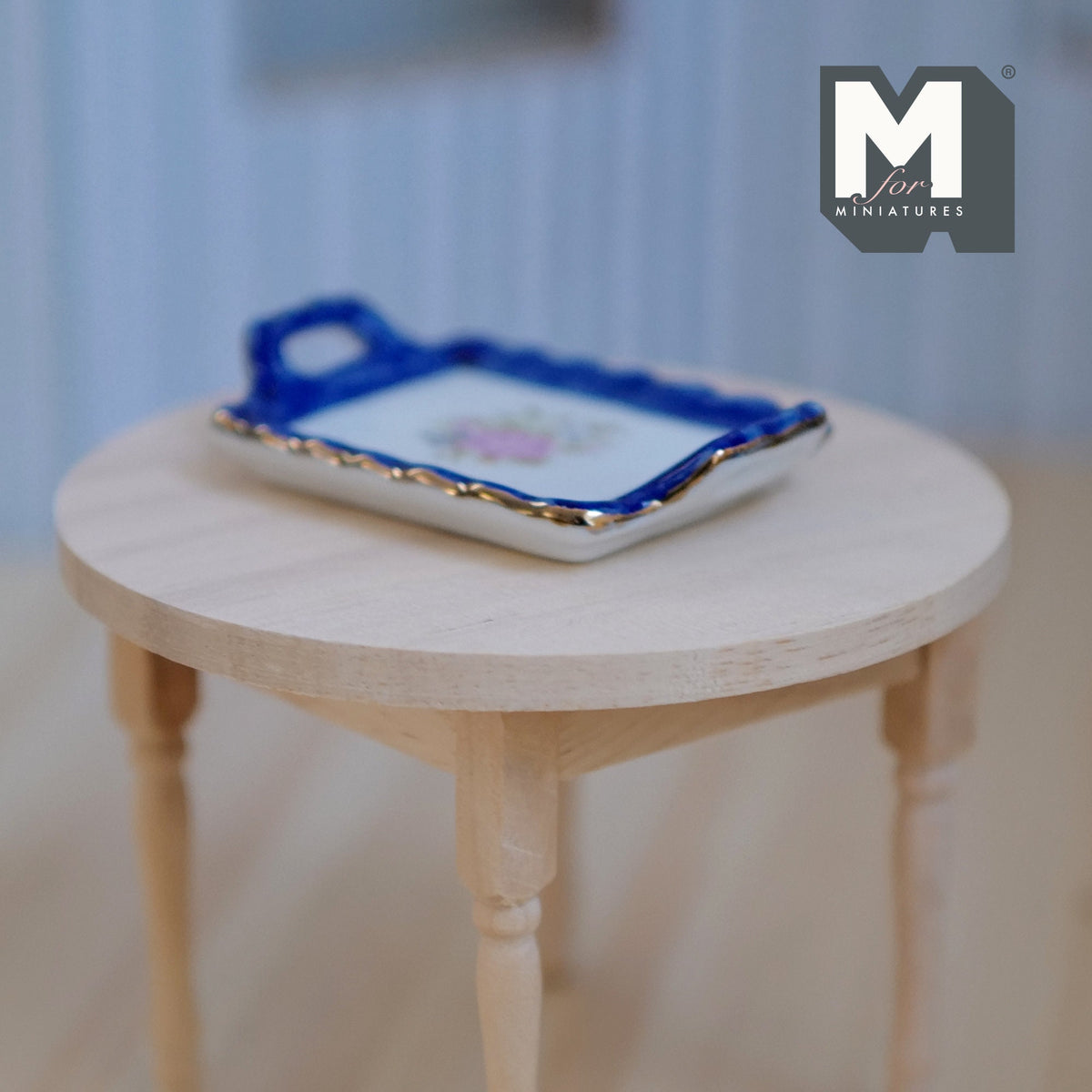 1:12 Scale Miniature Ceramic Serving Tray with Handles, Blue Rim, Floral Center, 2-3/8 inch long, DIY Dollhouse Supply