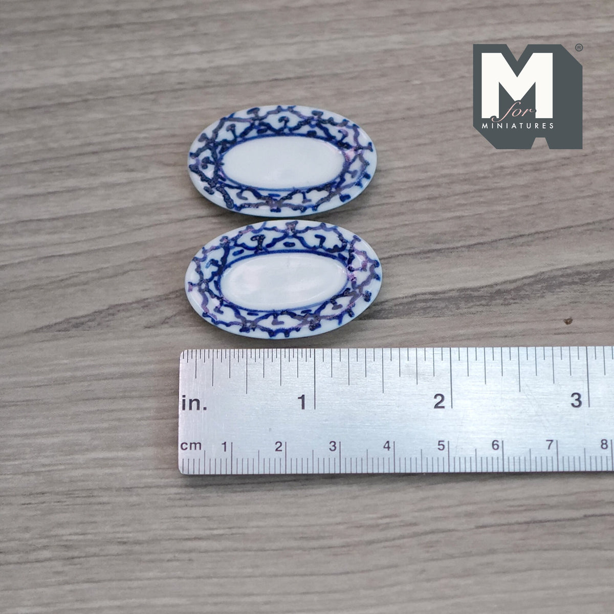 1:12 Scale Miniature Ceramic Oval Plates, Blue Rim Pattern, Set of 2, 1-1/2 inch long, DIY Dollhouse Supply