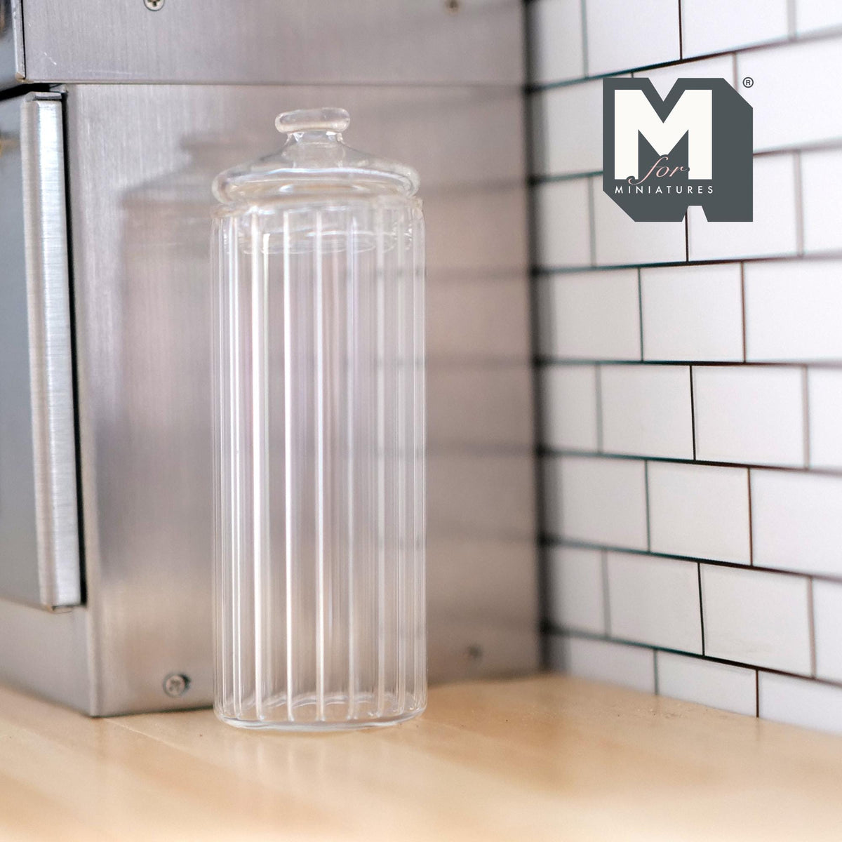 1:12 Scale Miniature Ribbed Glass Canister with Lid, 2-5/16 inch tall, DIY Dollhouse Supply (clear)