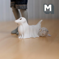 Miniature Draped Ghost Wiener Dog Carrying Bone 1:12 Scale Dollhouse Halloween Creepy Dachshund Spooky Dog 1-1/8 inch tall (plastic) -